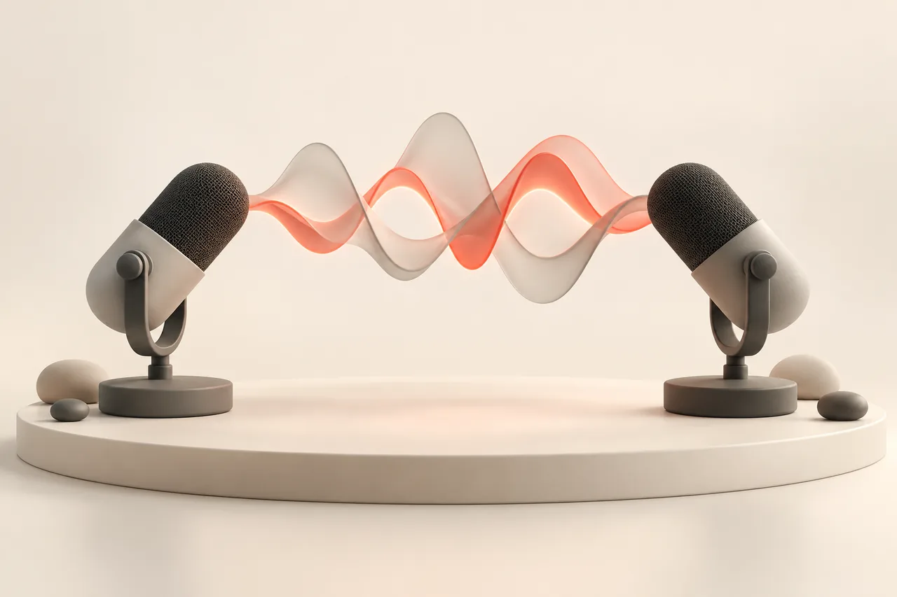 Two podcast microphones with two interweaving voice ribbons for AI podcast dialogue