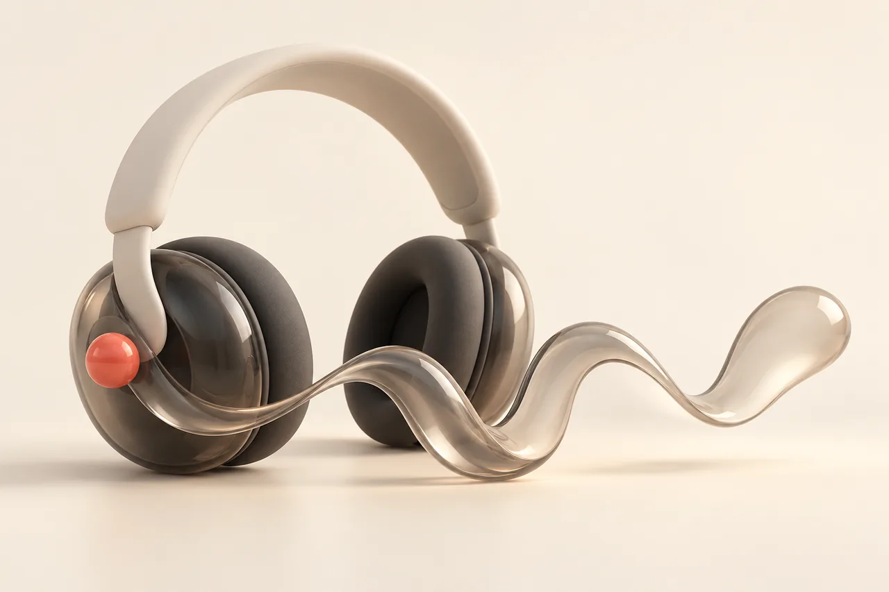 A matte headset-shaped form with a glass voice ribbon for AI voice for accessibility