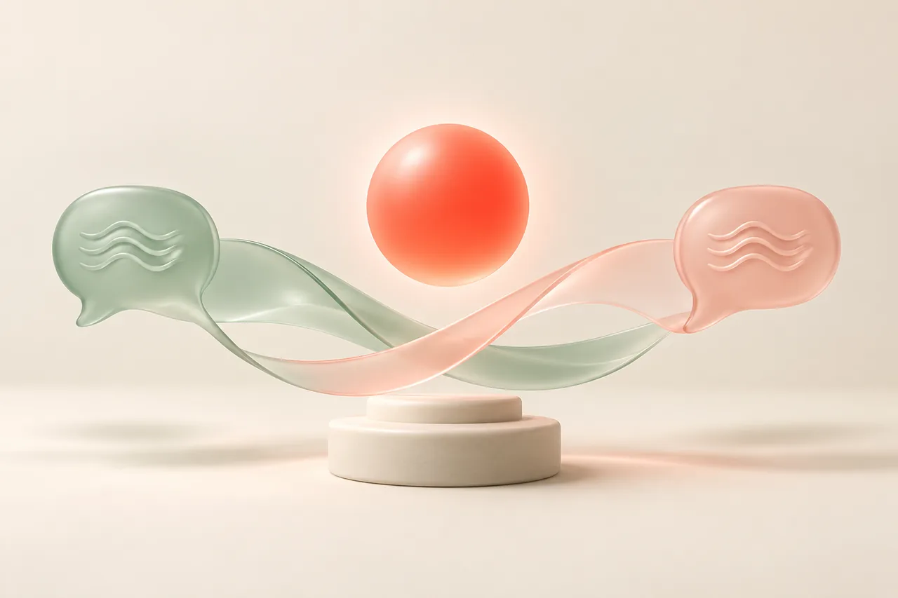 A coral speech sphere held by glass ribbons for Spanish text to speech