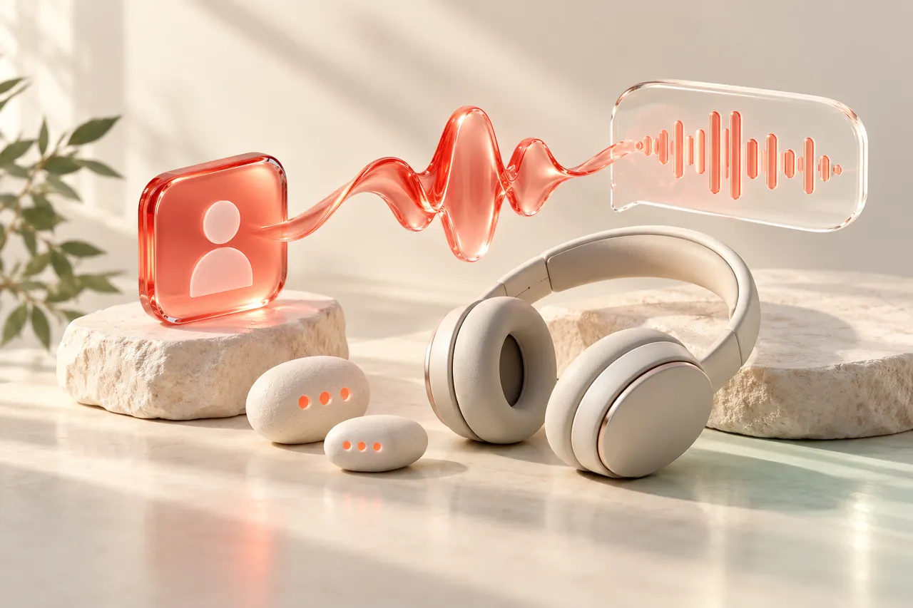 A calm headset connected to two conversation pebbles by a coral voice ribbon