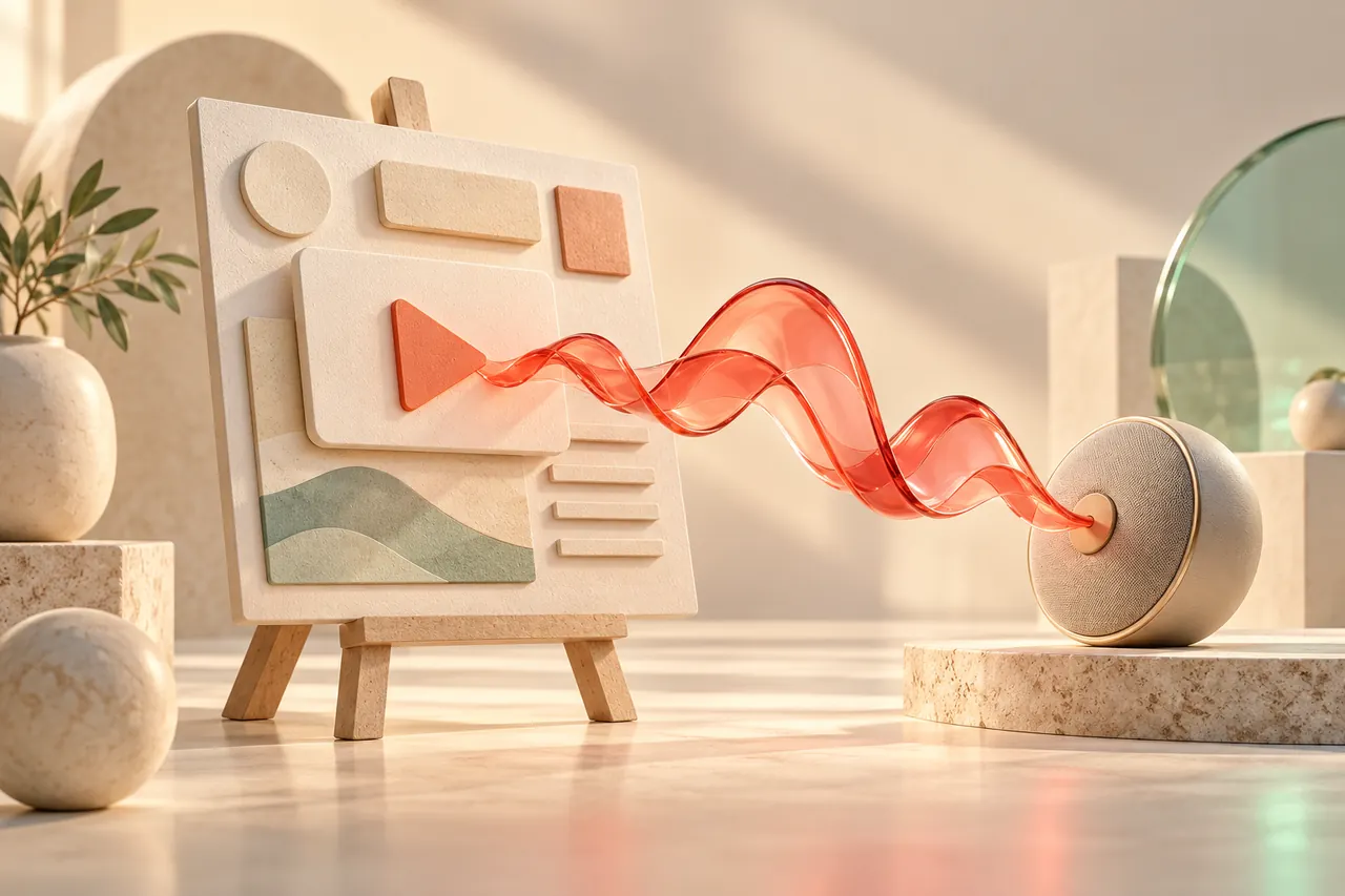 A matte design easel threaded by a coral glass voice ribbon