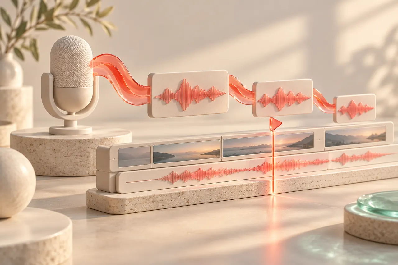 A ceramic editing timeline with segmented coral audio tracks