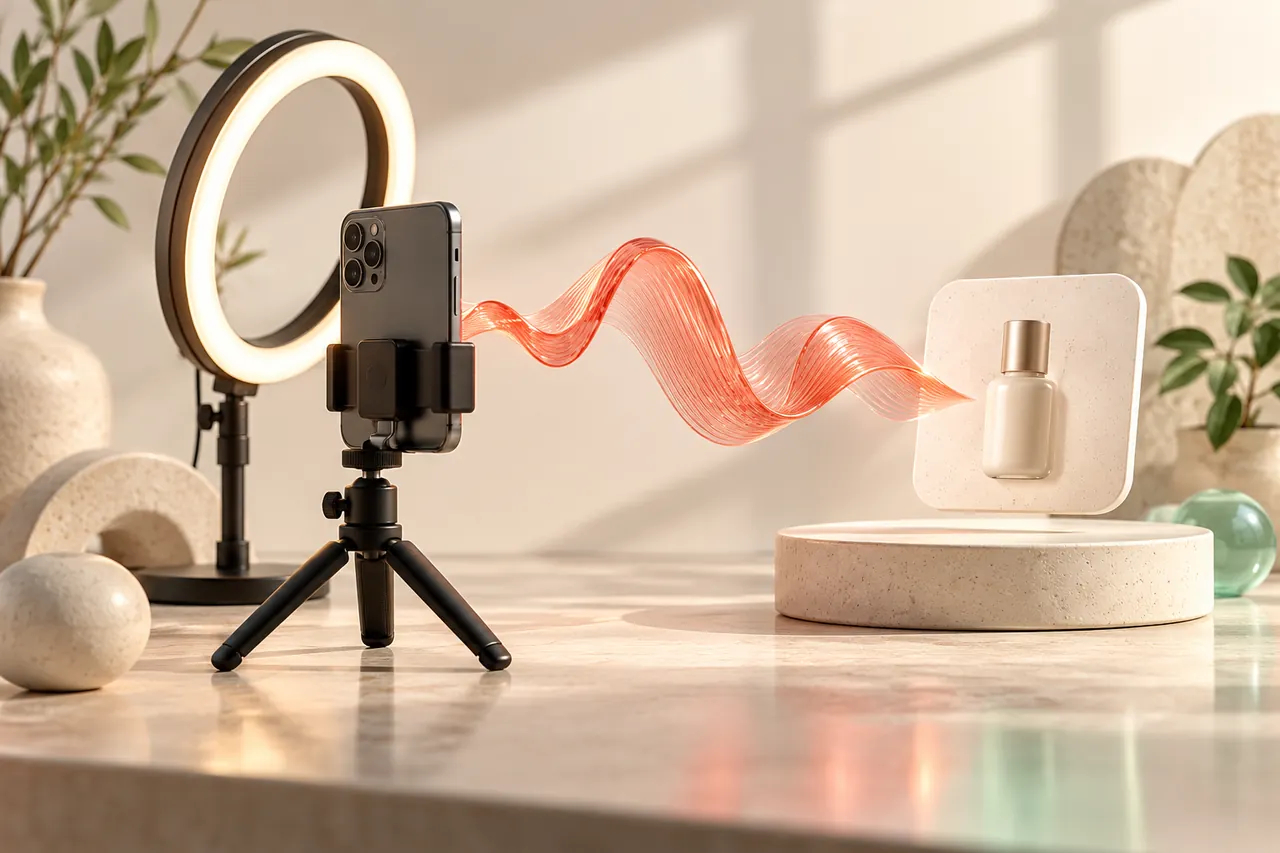 A phone on a tripod beside a ring light with a conversational coral voice ribbon