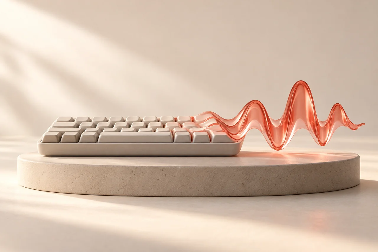 A matte keyboard transforming into a translucent coral voice waveform for an AI voice generator