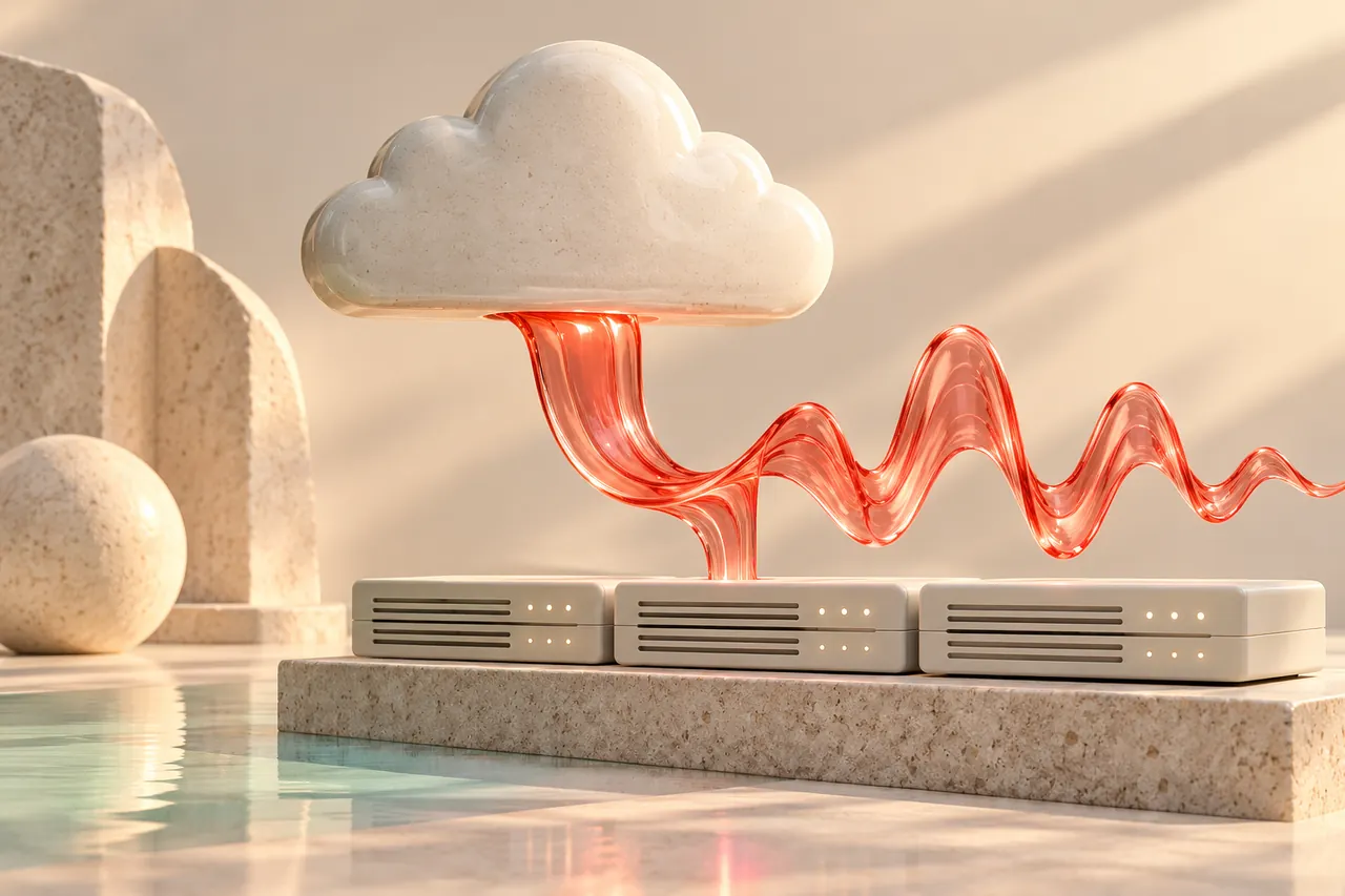 A ceramic cloud feeding a natural coral speech waveform into server shelves