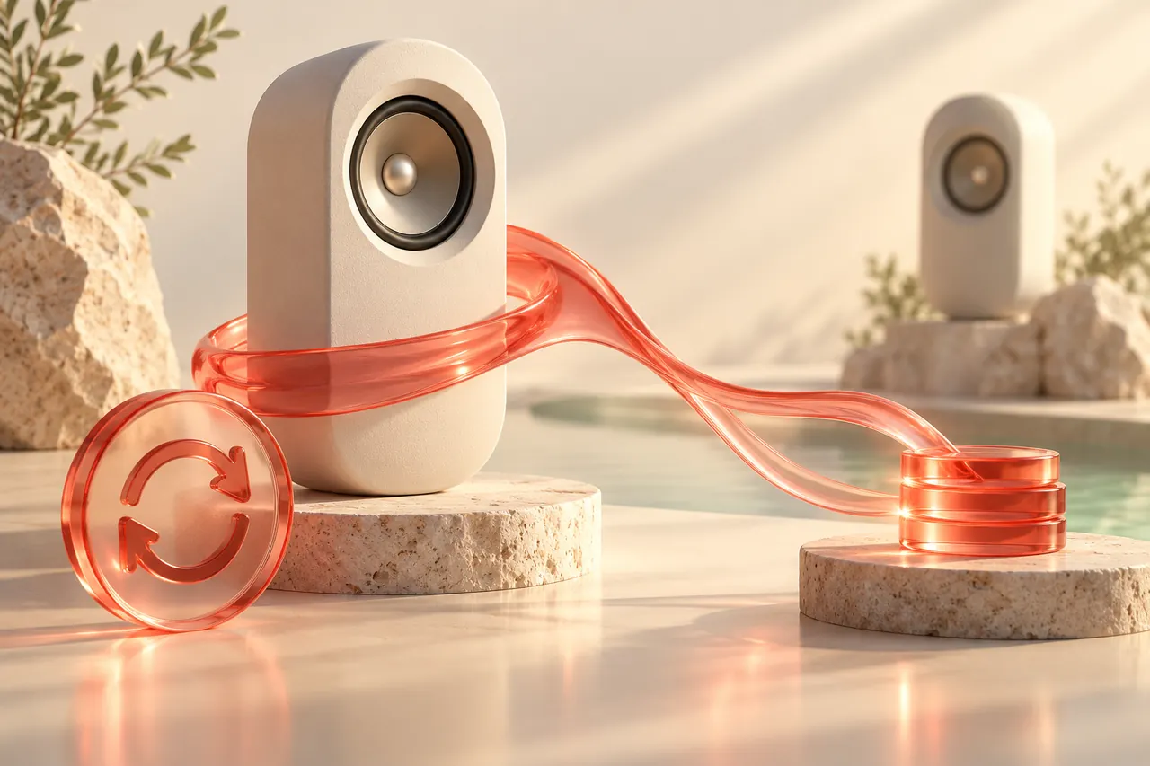 A subscription loop branching into one-time credit tokens and a coral voice ribbon