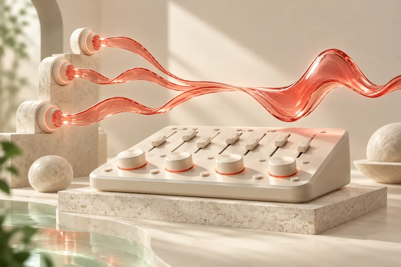 Three shaped coral voice ribbons flowing through a cream emotion mixing console