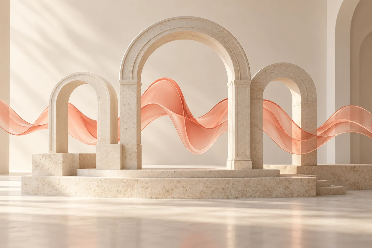 Cream French architectural forms carrying a coral glass voice ribbon for French text to speech