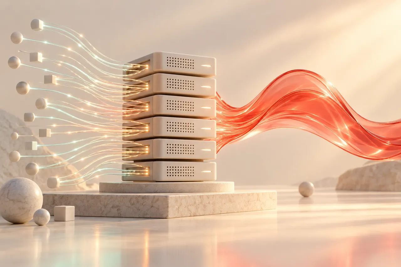 Many light streams converging into one coral voice ribbon across server shelves