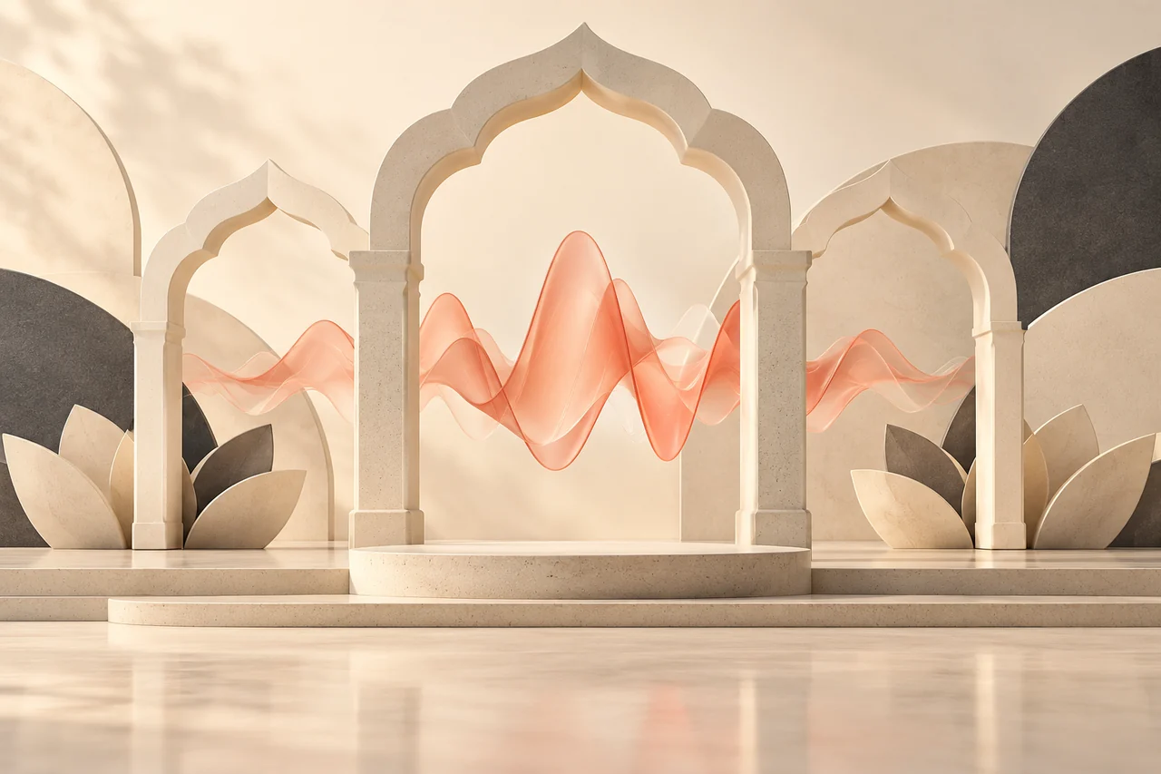 Cream arch and lotus-like geometric forms with a coral glass voice ribbon for Hindi text to speech