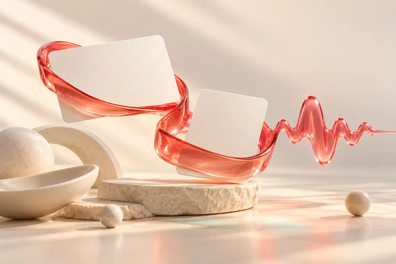 Two blank script cards braided into one coral Hinglish voice ribbon