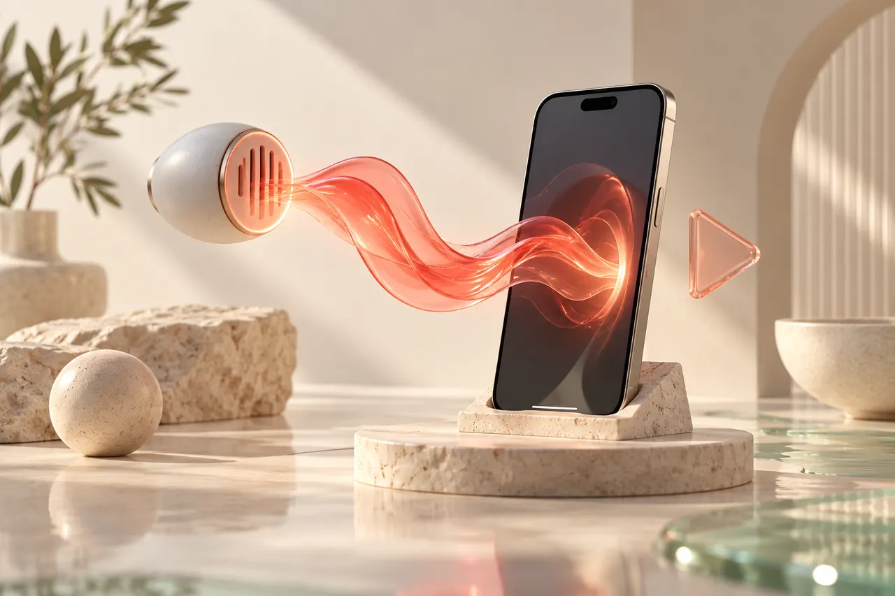 A coral audio ribbon entering a vertical phone on a stone stand