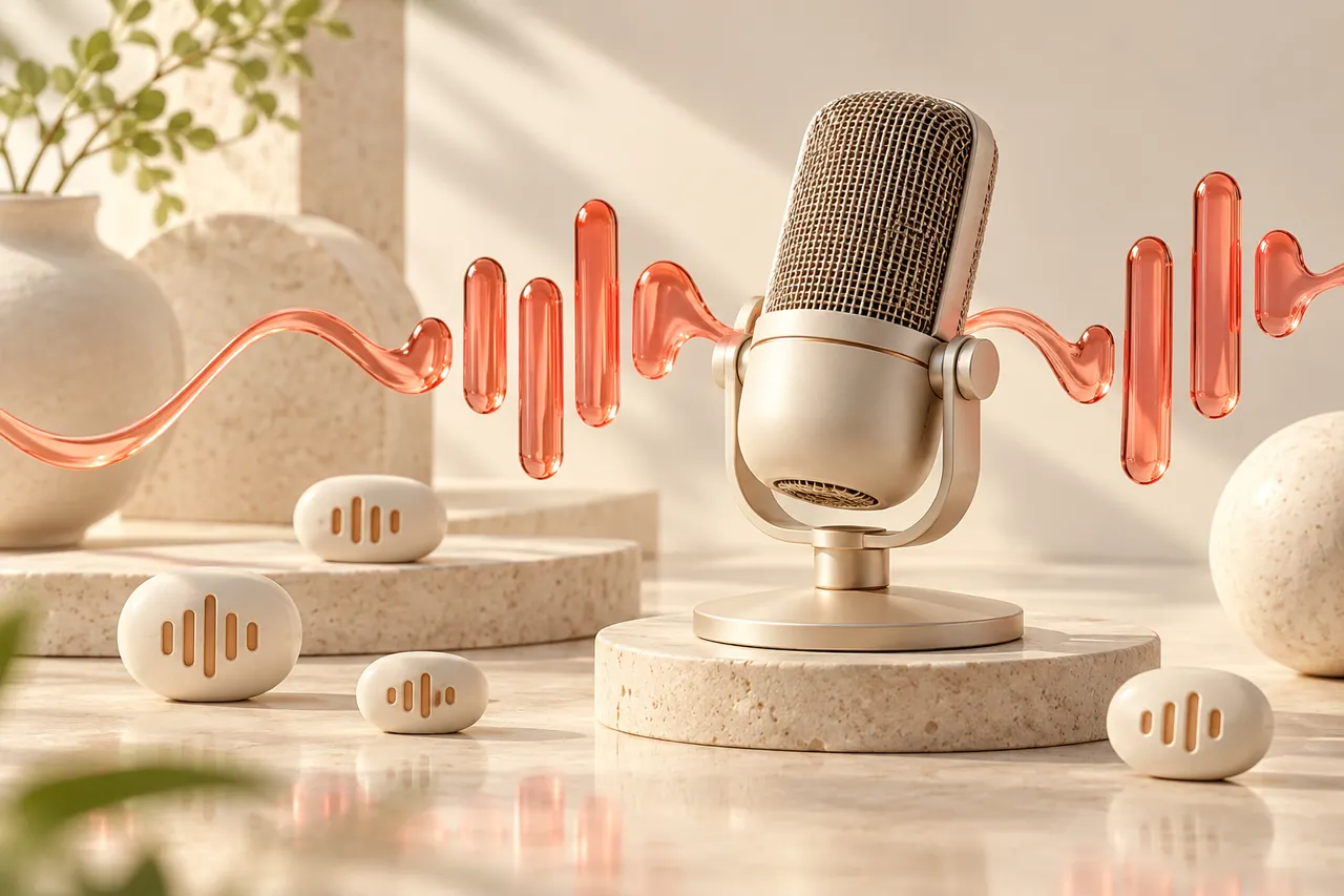 A studio microphone with a rhythmic segmented coral speech waveform