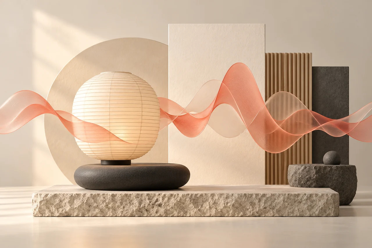 A cream paper lantern and geometric forms with a coral glass voice ribbon for Japanese text to speech