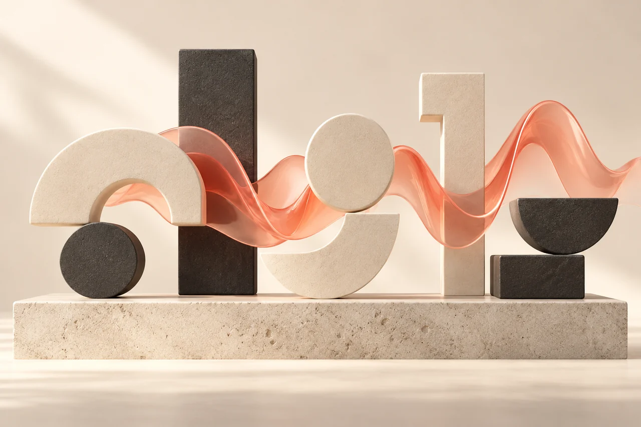 Cream Hangul-inspired geometric blocks with a coral glass voice ribbon for Korean text to speech