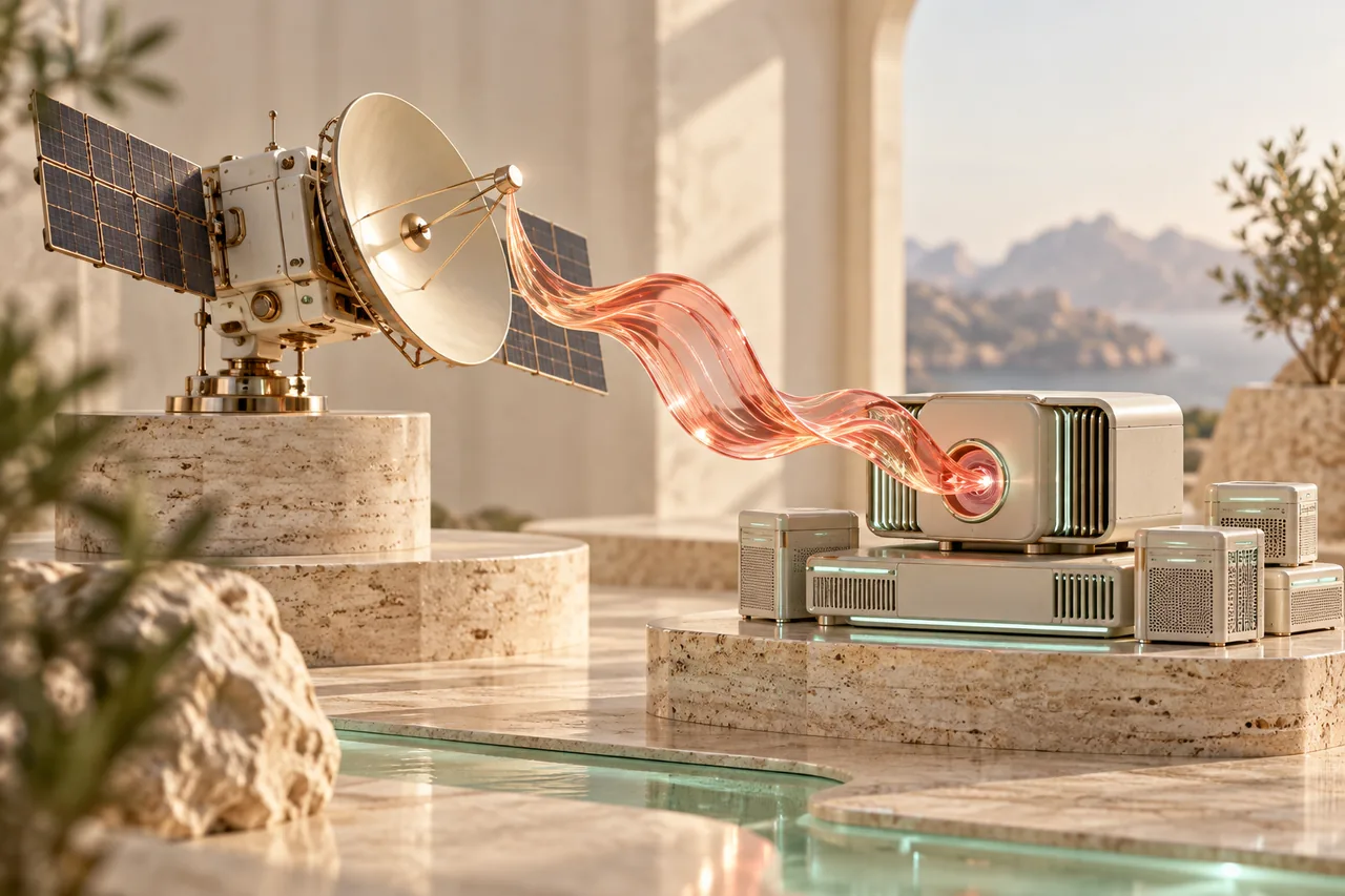 A cream satellite console connected to a coral glass speech ribbon for LiveKit text to speech