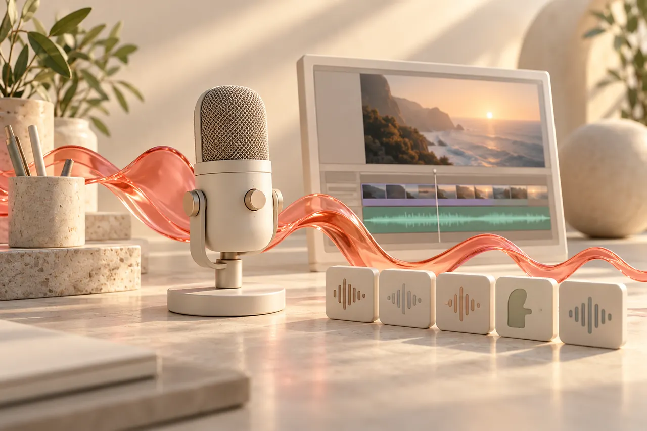 A studio microphone beside a matte editing slate and coral voice ribbon
