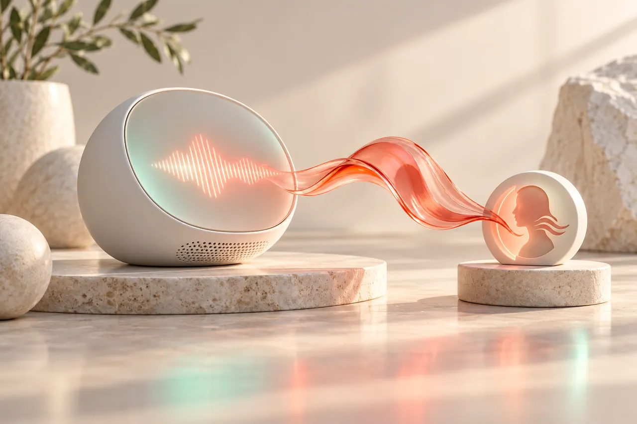 A conversation terminal connected to a ceramic identity token by a coral voice ribbon