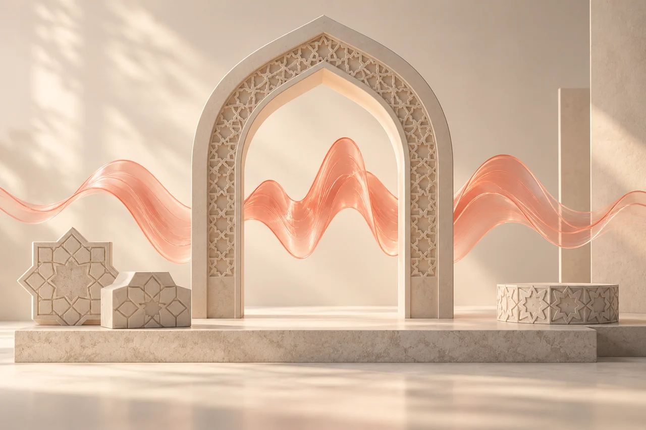 Cream Persian arches and geometric tile forms carrying a coral glass voice ribbon