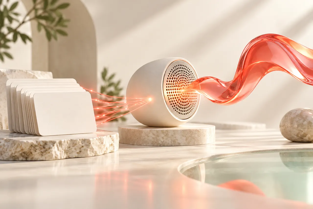 Blank knowledge cards feeding a ceramic speaker through coral retrieval beams
