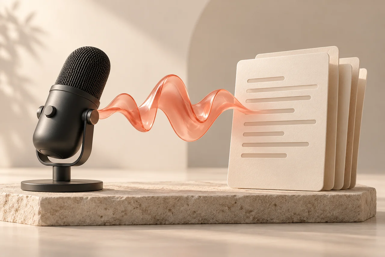 A microphone feeding a translucent coral voice ribbon into an abstract transcript sheet for a speech to text API