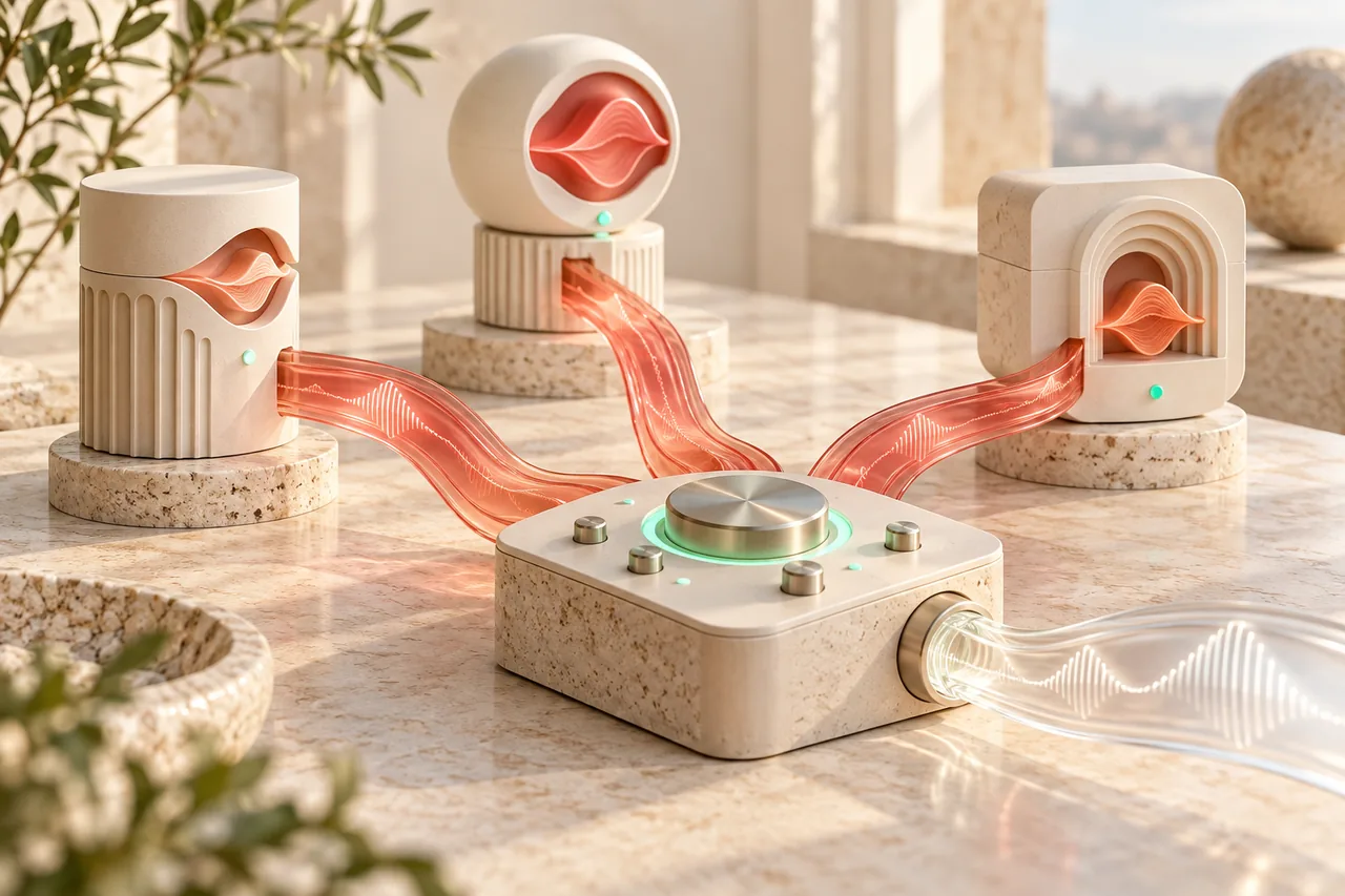 Three cream voice-agent nodes routing coral glass speech into one API output channel