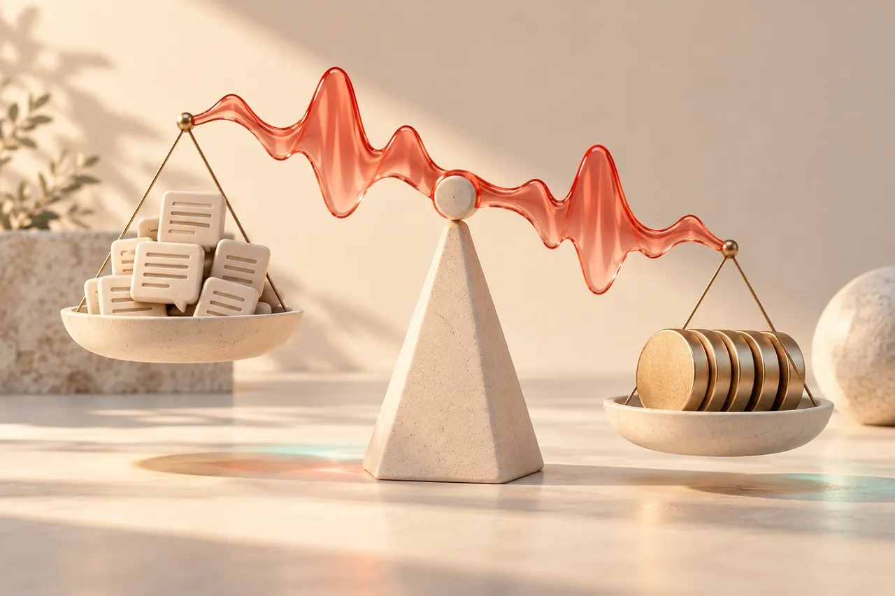 A sculptural balance comparing character tokens with a coral audio waveform