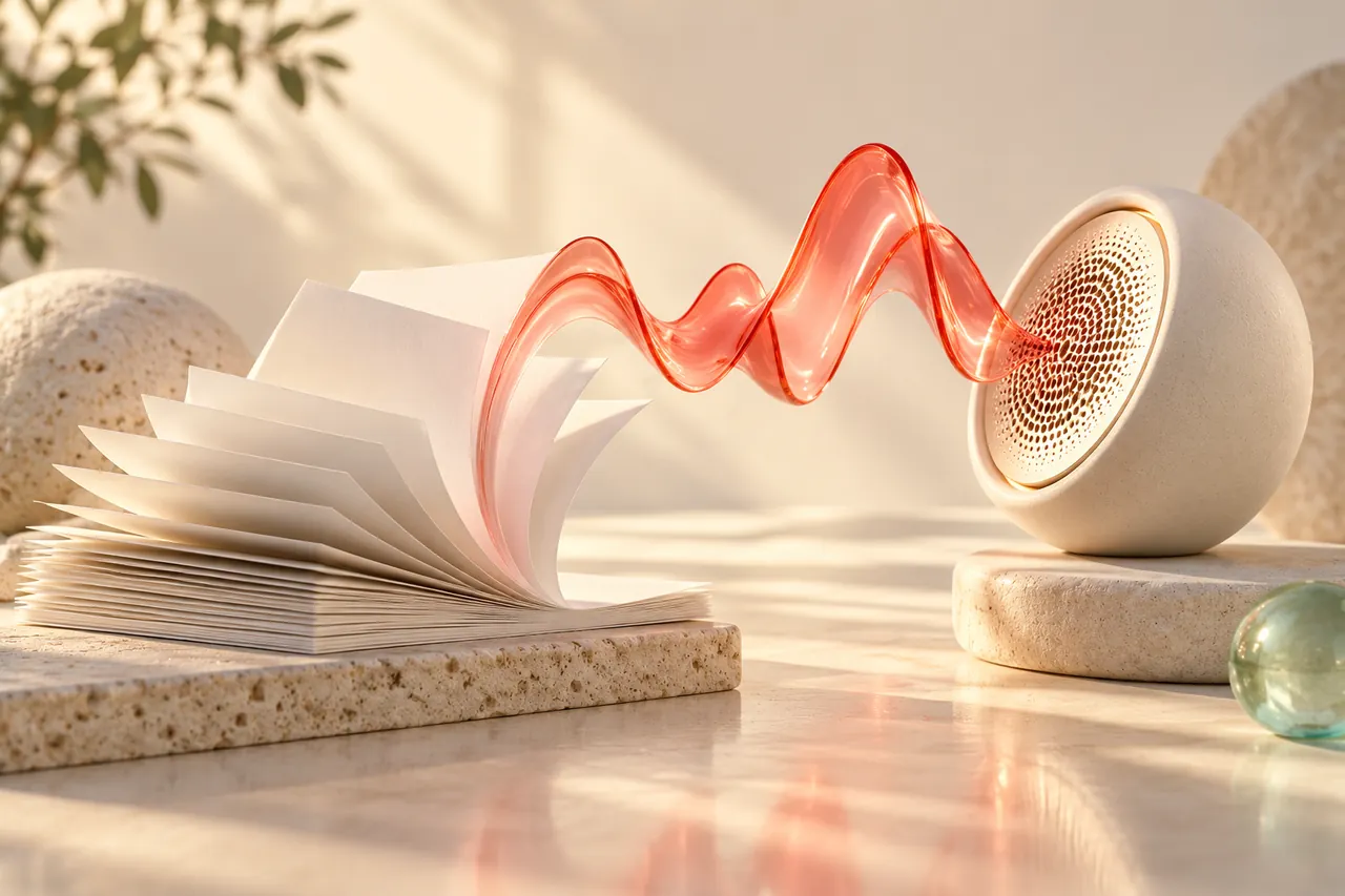 Blank document sheets flowing into a ceramic speaker through a coral voice ribbon