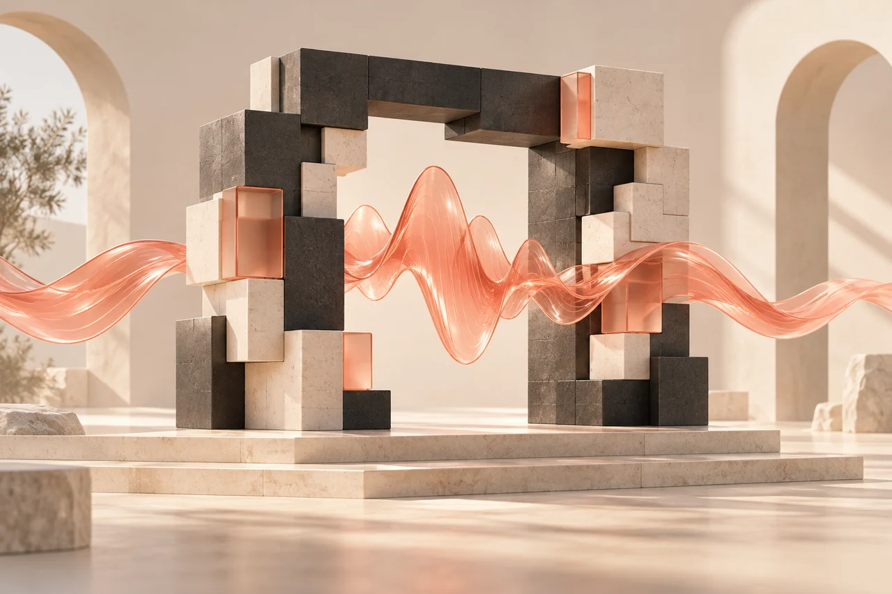 A geometric Unreal-style game engine portal with a coral glass voice waveform