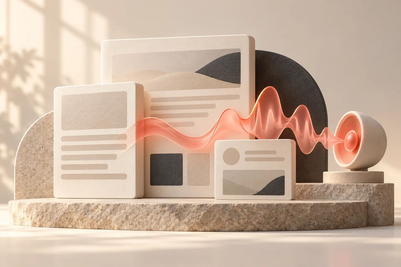 Abstract WordPress content blocks with a coral voice ribbon becoming an audio track