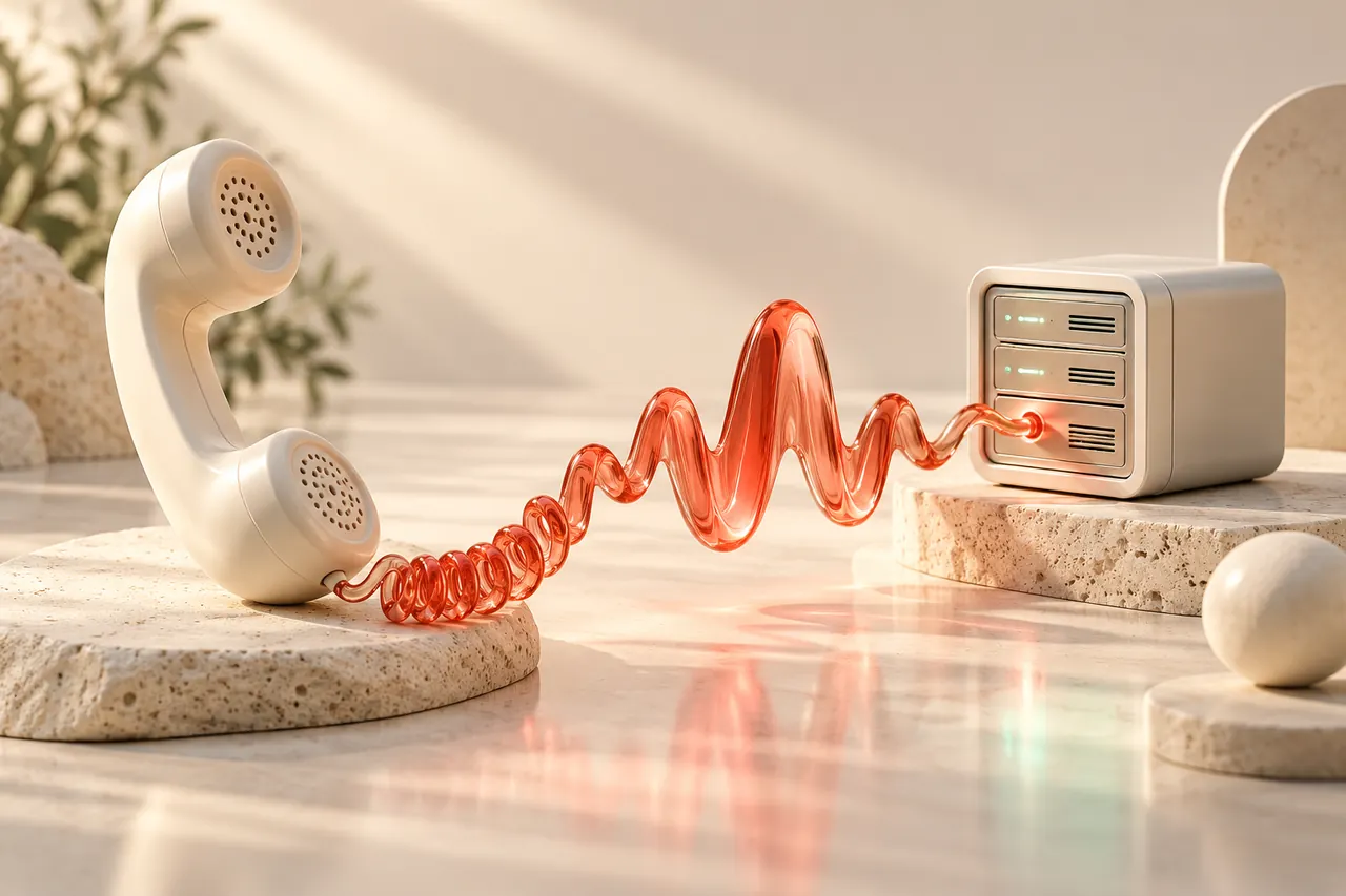 A cream telephone handset whose cord becomes a coral AI speech waveform