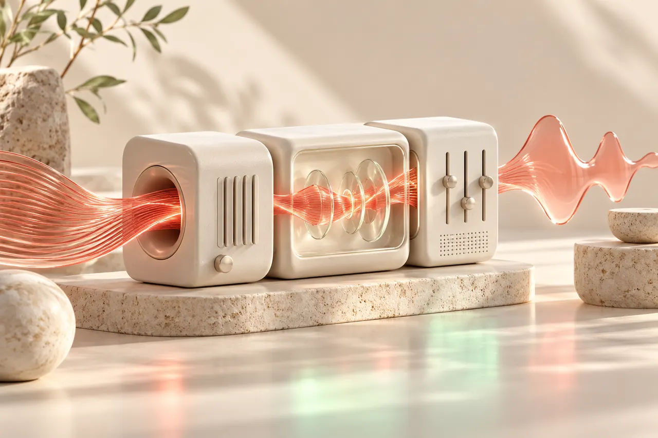 A modular cream voice orchestration console fed by a coral speech ribbon